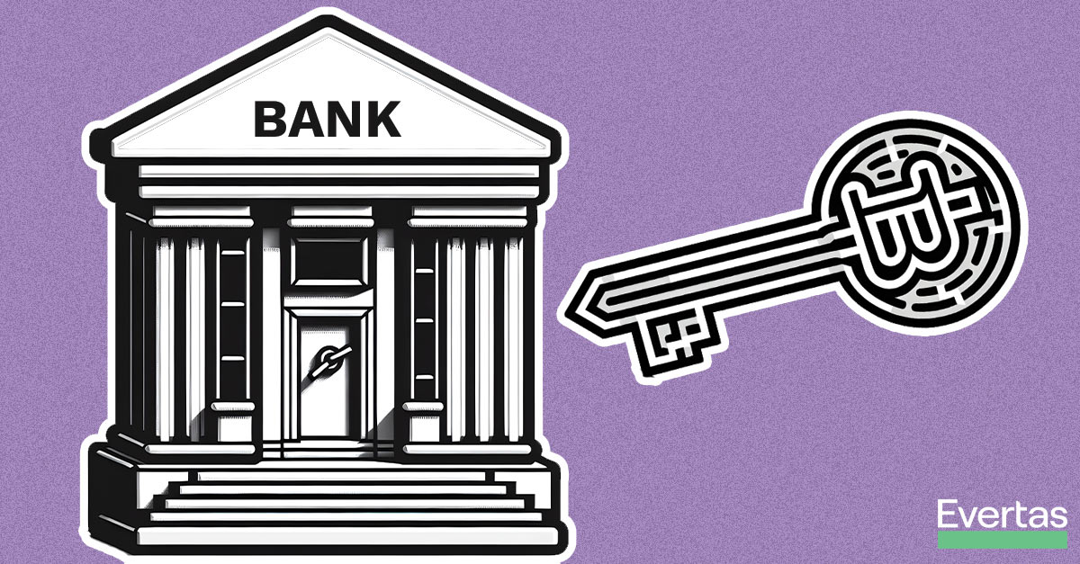 The Role of Cryptocurrency in Enhancing Financial Inclusion illustration of the concept of cryptocurrency enhancing financial inclusion that depicts a bank being unlocked by a bitcoin key