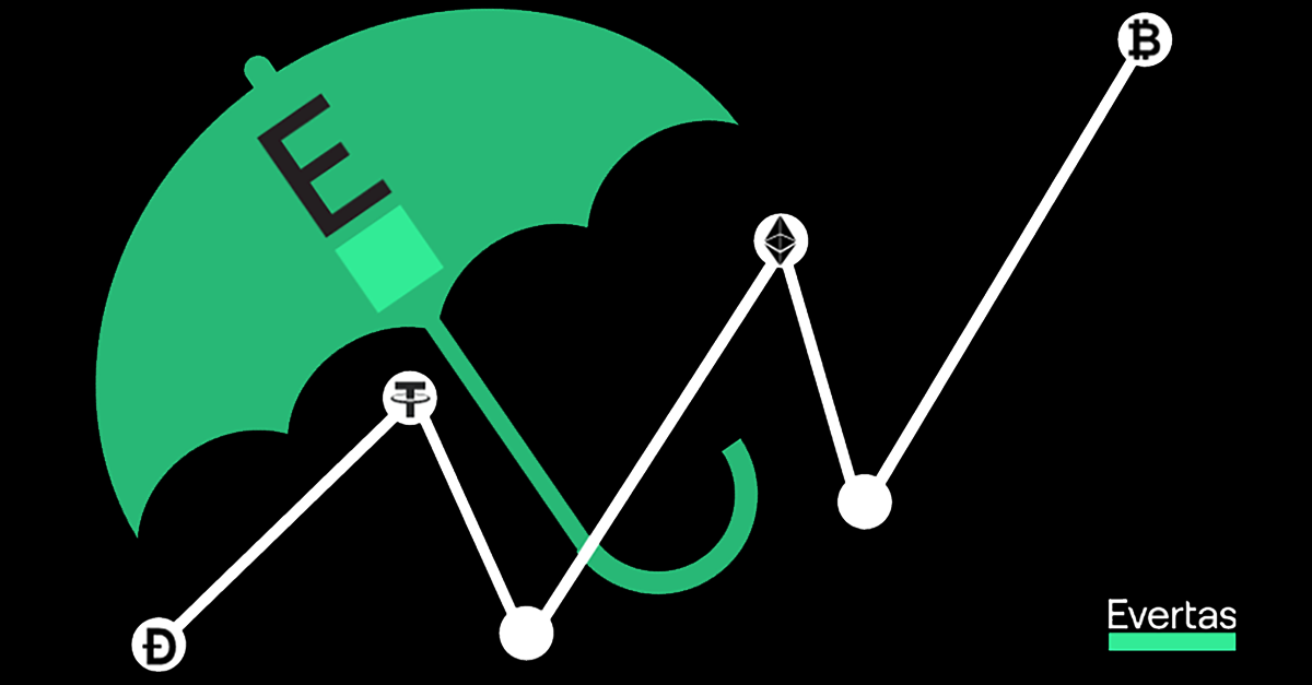 Insurance as a Force for Good: How Crypto Standards Support Industry Growth A increasing chart with circles of cryptocurrency logos in the circles, with a green umbrella off to the side. The umbrella has the 'E' logo for Evertas