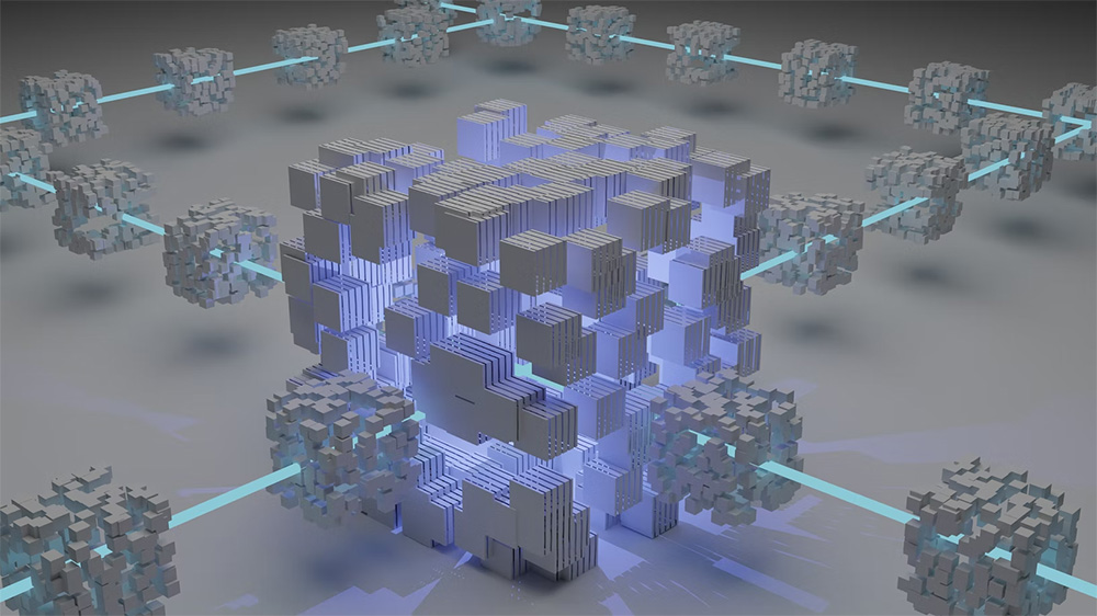 The Unacceptable Risk of DeFi Insurance Graphic of a large cube shape, created with lined boxes to make a 3D shape, with teal lines connecting around it to other 3D shaped boxes