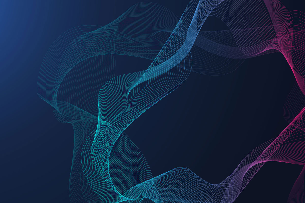 Better Underwriting, Better Outcomes Graphic of blue, purple, and pink net like lines all connecting in a wavy circle on a navy background