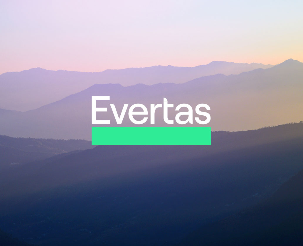 Crypto insurance discussion on InsurTechTalk Picture of a mountain background with a pink, purple and yellow overlay. The picture has the Evertas text logo with a thick bright green line under it