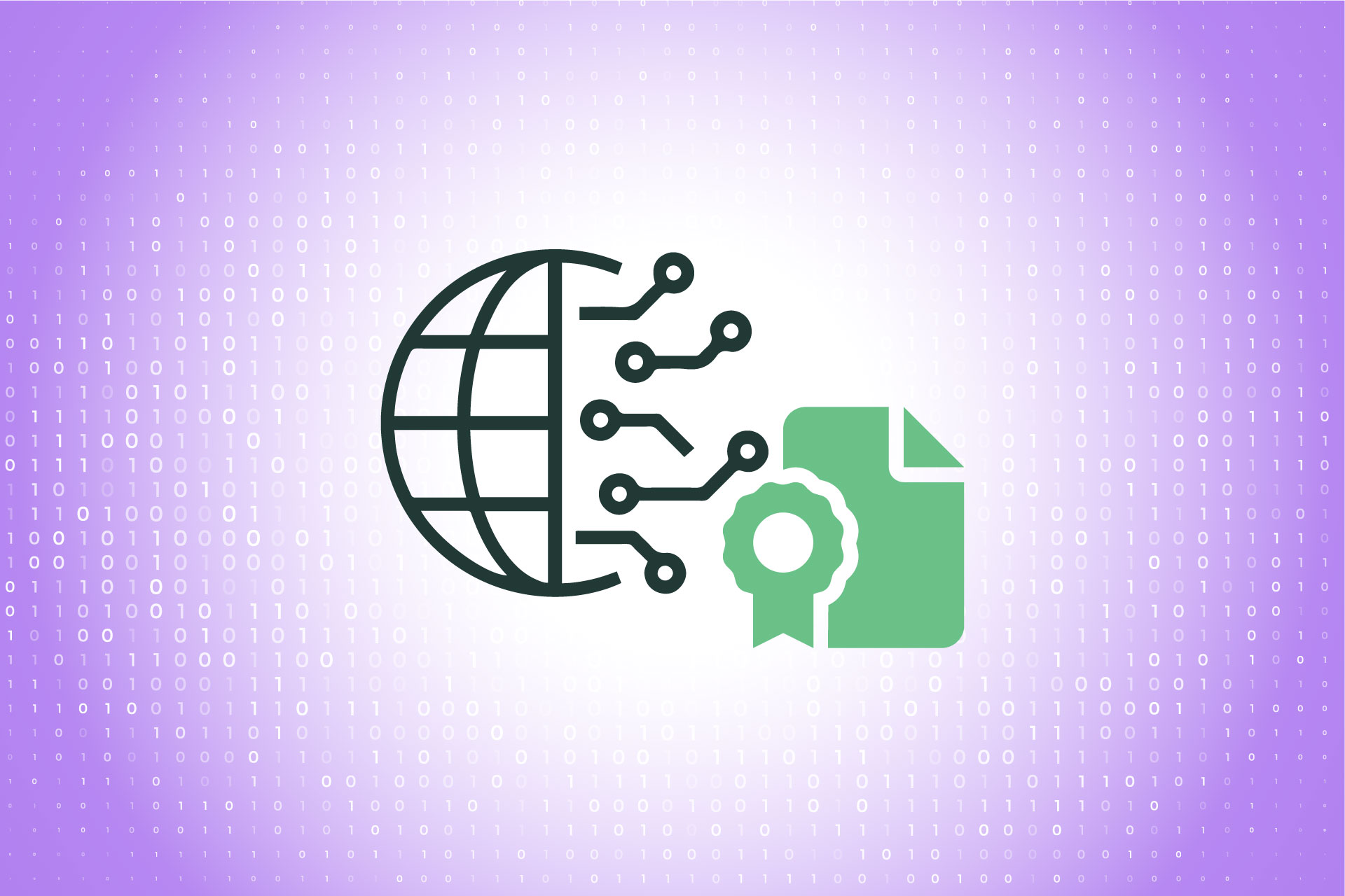 Evertas Solutions for Platform Risks Line icon of half a network symbol merged with lines and circles and a paper with an award icon on it. The background it a gradient purple and white with binary numbers (0's and 1's) all over it