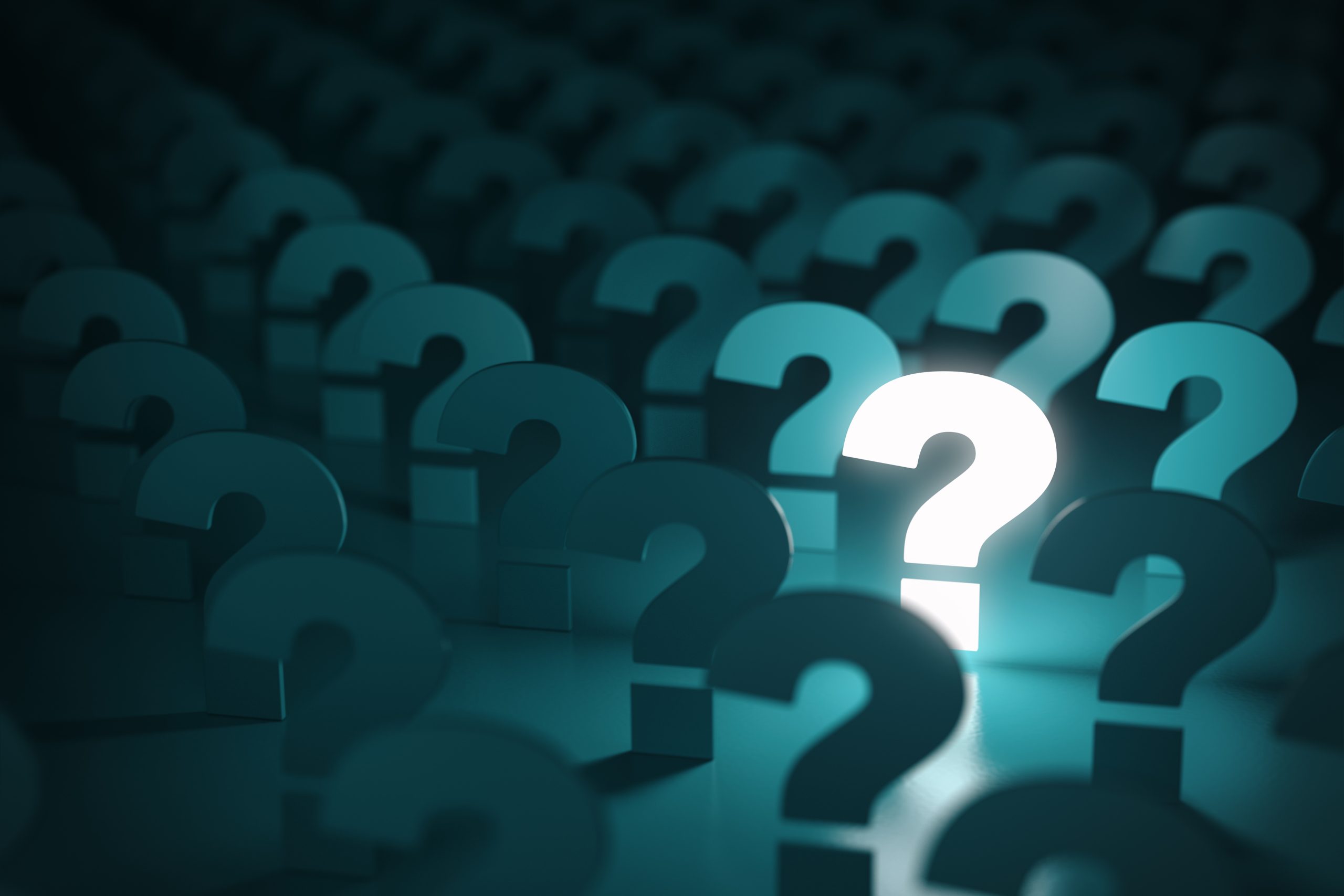 How to Know what Kind of Crypto Insurance you Need Graphic of many question marks that are a blueish color. One of the triangles is white and bright while the rest are casted in a shadow