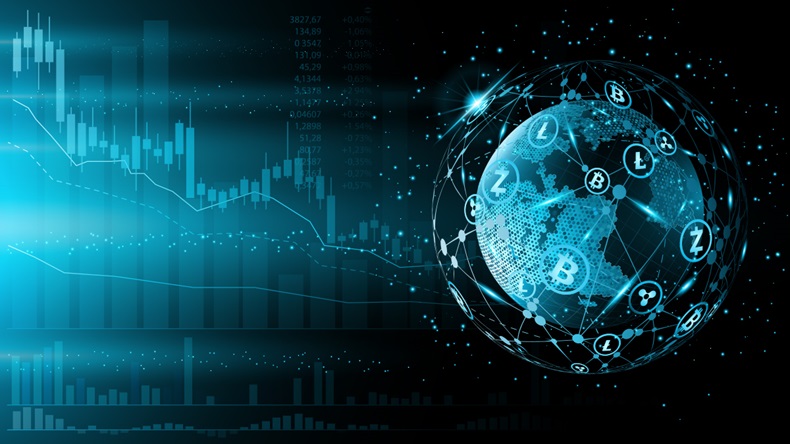 Crypto 101: What are Stablecoins and how do they Work? Geometric graphic of two blue circles merged with lines to form a start like shape with thicker lines that are red and blue with arrows creating a path from one star shape to another