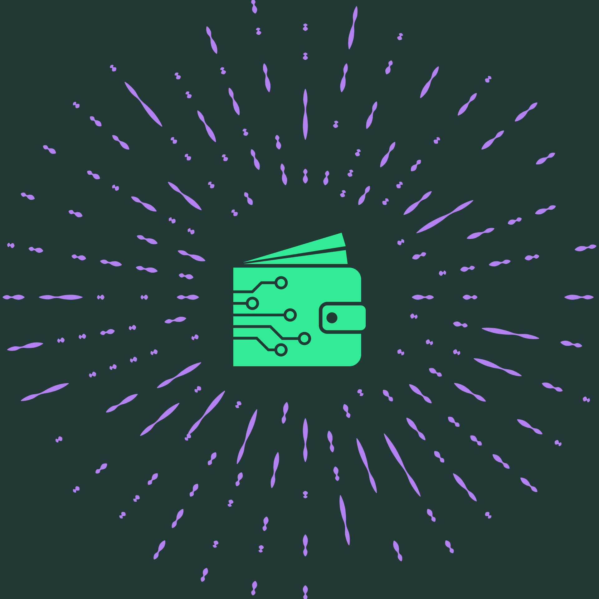 Wallet Taxonomy Icon of a wallet with circles connected to lines on it and purple wavy lines all around it on a dark green background
